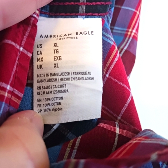 American Eagle Red Blue Plaid Check Cotton American Button Down. Size XL - Picture 6 of 6
